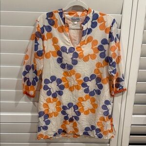Charlotte Kellogg White Tunic with Orange & Purple Floral Print size large